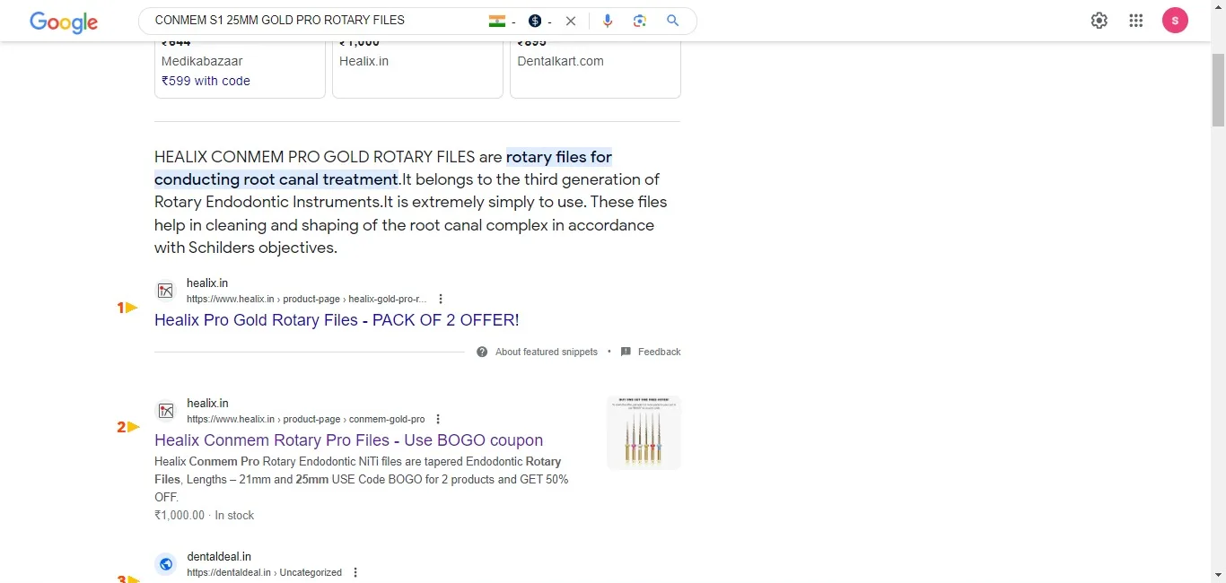 Healix featured snippet and top organic results