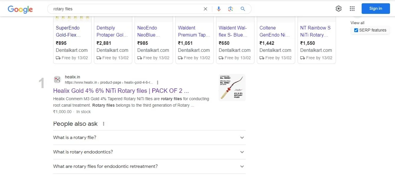 Healix ranking #1 organic below marketplace listings